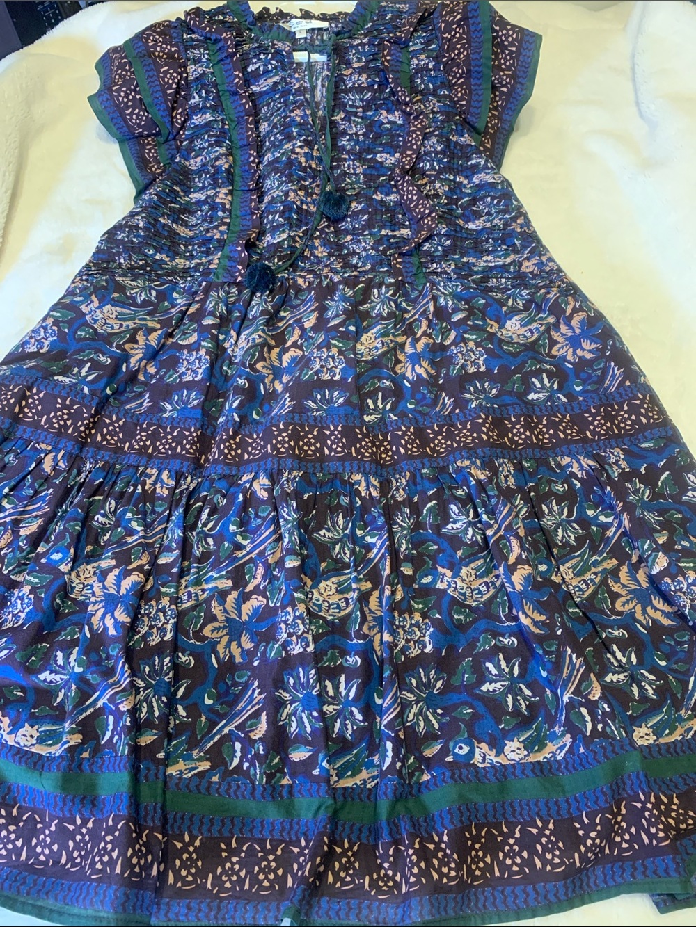 Sea Navy Floral Tiered Midi Dress with Peach and Green Accents